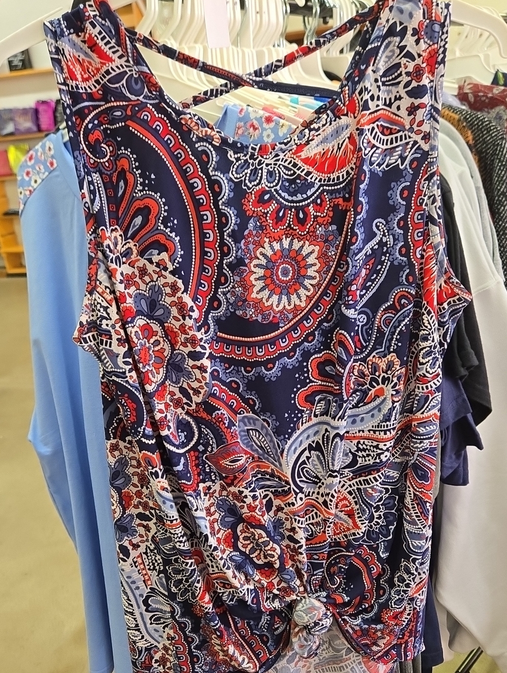 Navy Paisley Knot-Front Sleeveless Tank with Red Accents